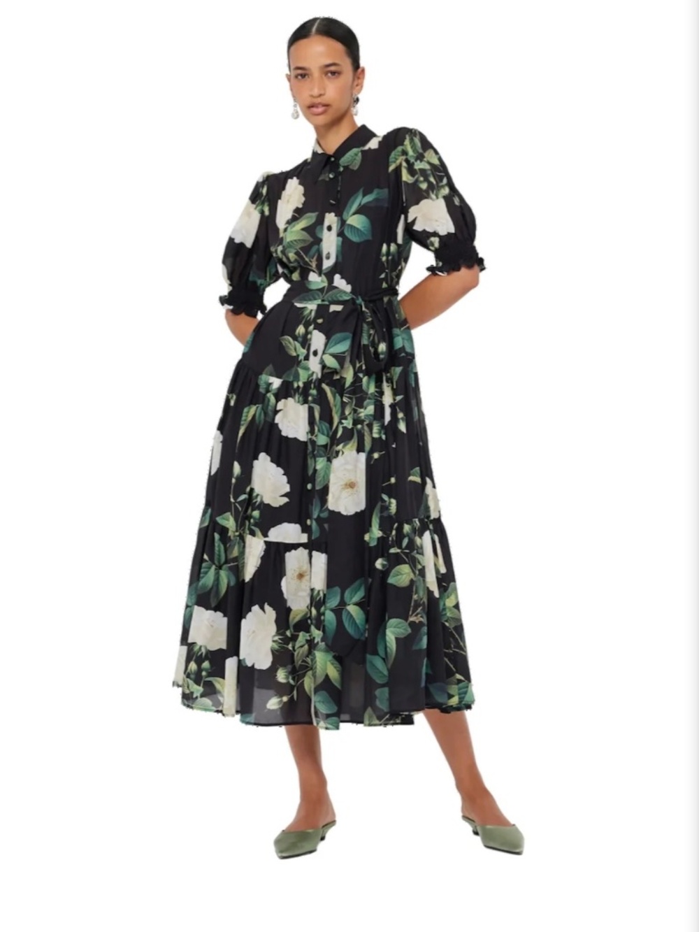 NWT LEO LIN Ellie Bishop Midi Dress White Rose Print Black